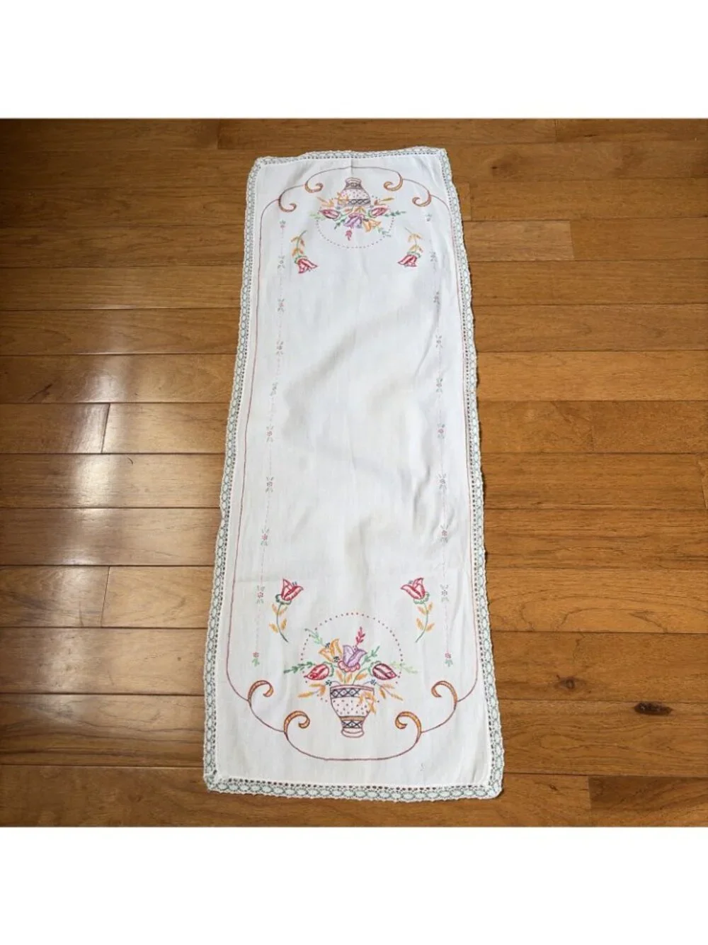 VTG Embroidered Table Runner 40x14 Multicolor Flowers in Basket Crochet Trim